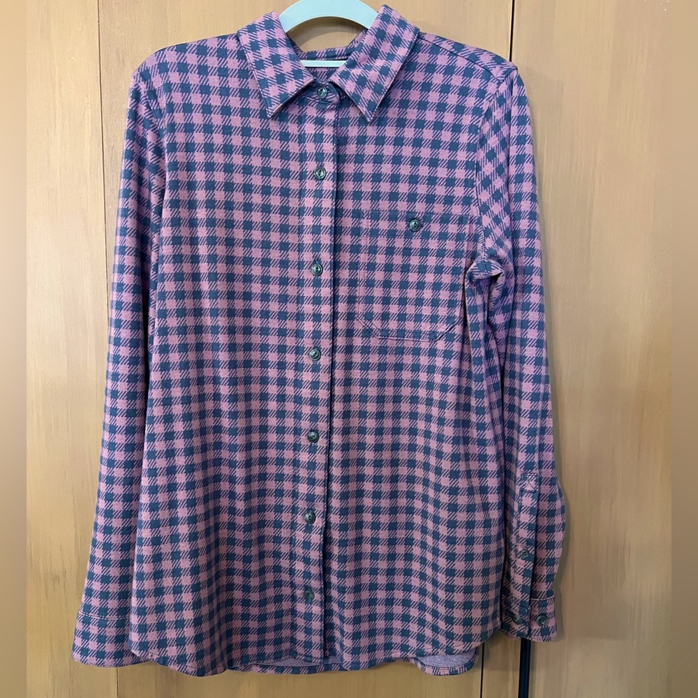 LLBean knit button down tee, women’s shirt plaid medium